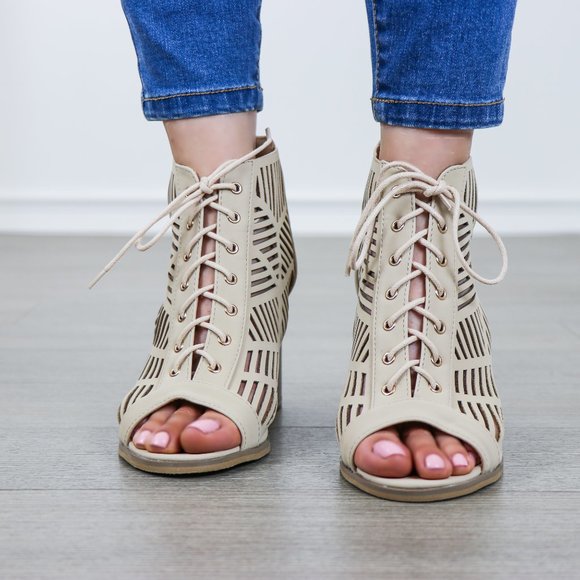 Open Toe Laced Up Spring Cut Out Ankle Booties - Picture 4 of 11